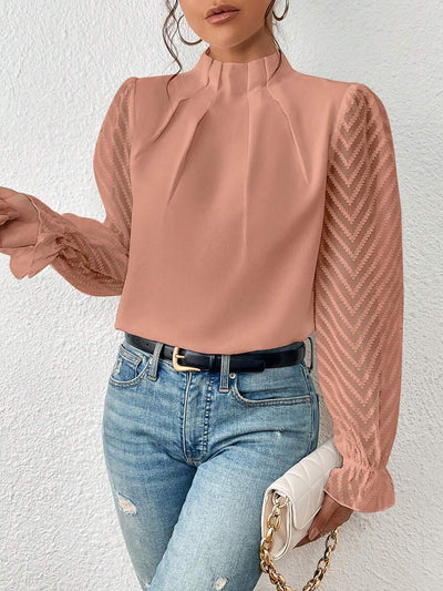 Mock Neck Sheer Long Sleeves Pleated Blouse