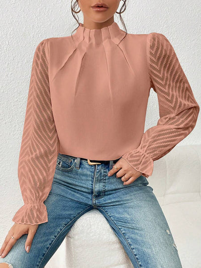 Mock Neck Sheer Long Sleeves Pleated Blouse