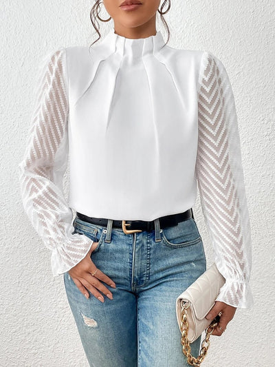 Mock Neck Sheer Long Sleeves Pleated Blouse