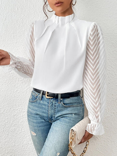 Mock Neck Sheer Long Sleeves Pleated Blouse