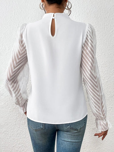 Mock Neck Sheer Long Sleeves Pleated Blouse