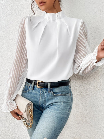 Mock Neck Sheer Long Sleeves Pleated Blouse