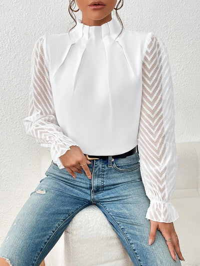 Mock Neck Sheer Long Sleeves Pleated Blouse