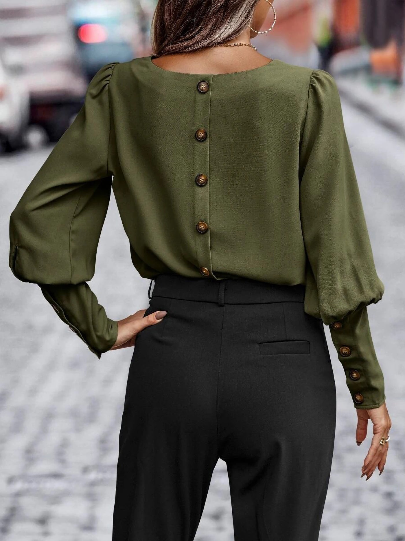 Allegra K Solid Color Long Sleeves Button Decor Blouse