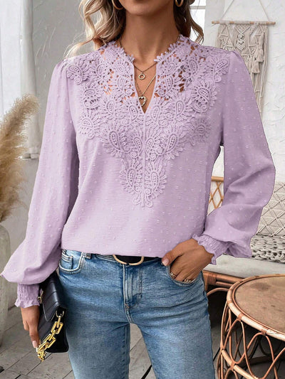 Paisley Lace Swiss Dots Smocked Long Sleeve Blouse