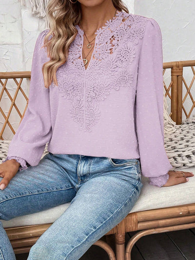 Paisley Lace Swiss Dots Smocked Long Sleeve Blouse