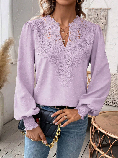 Paisley Lace Swiss Dots Smocked Long Sleeve Blouse