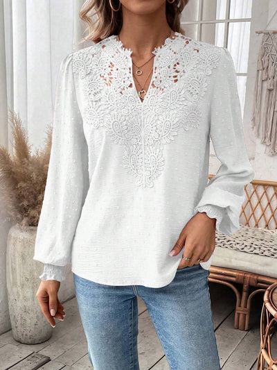 Paisley Lace Swiss Dots Smocked Long Sleeve Blouse