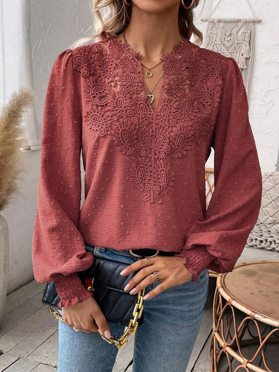 Paisley Lace Swiss Dots Smocked Long Sleeve Blouse