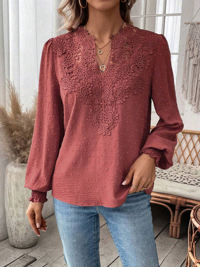 Paisley Lace Swiss Dots Smocked Long Sleeve Blouse