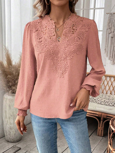 Paisley Lace Swiss Dots Smocked Long Sleeve Blouse