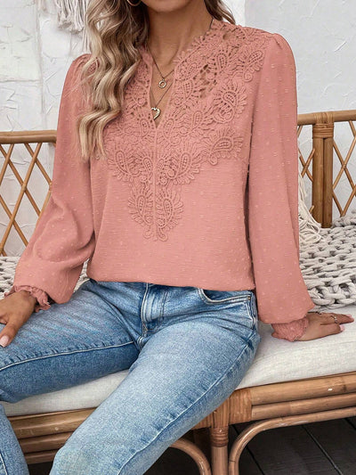 Paisley Lace Swiss Dots Smocked Long Sleeve Blouse