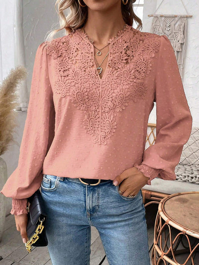 Paisley Lace Swiss Dots Smocked Long Sleeve Blouse