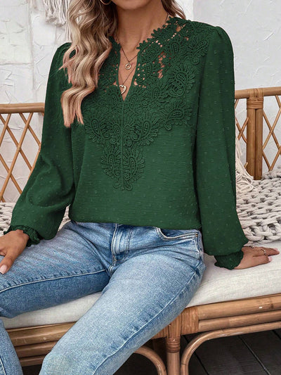 Paisley Lace Swiss Dots Smocked Long Sleeve Blouse