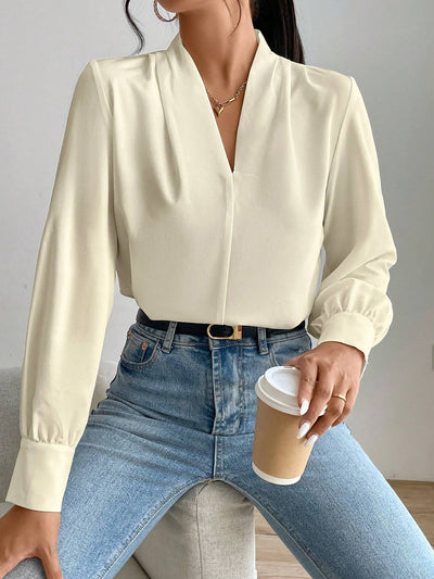 V Neck Pleated Long Sleeves Solid Color Blouse