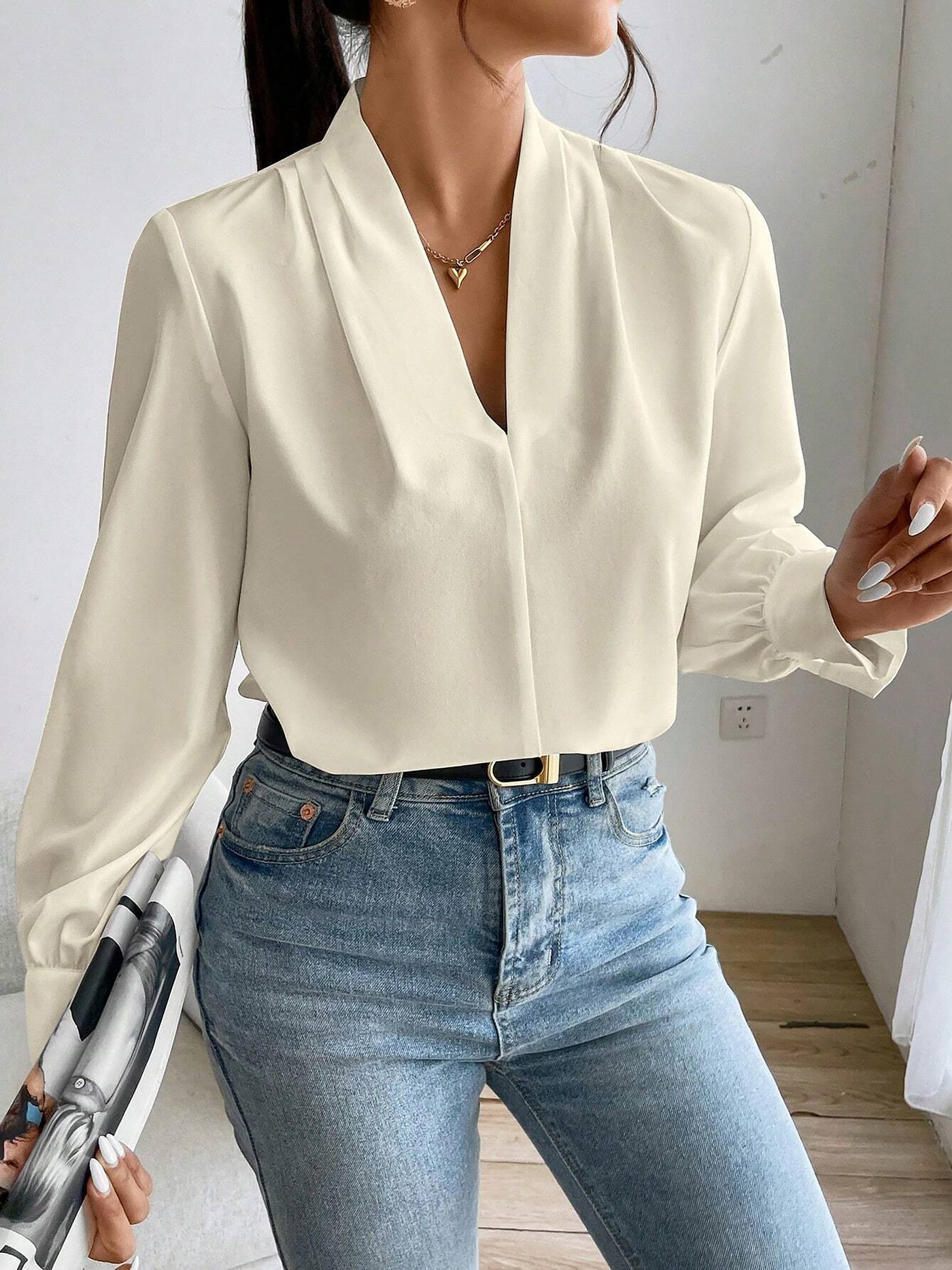 Allegra K V Neck Pleated Long Sleeves Solid Color Blouse