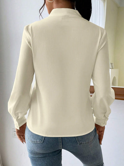 V Neck Pleated Long Sleeves Solid Color Blouse