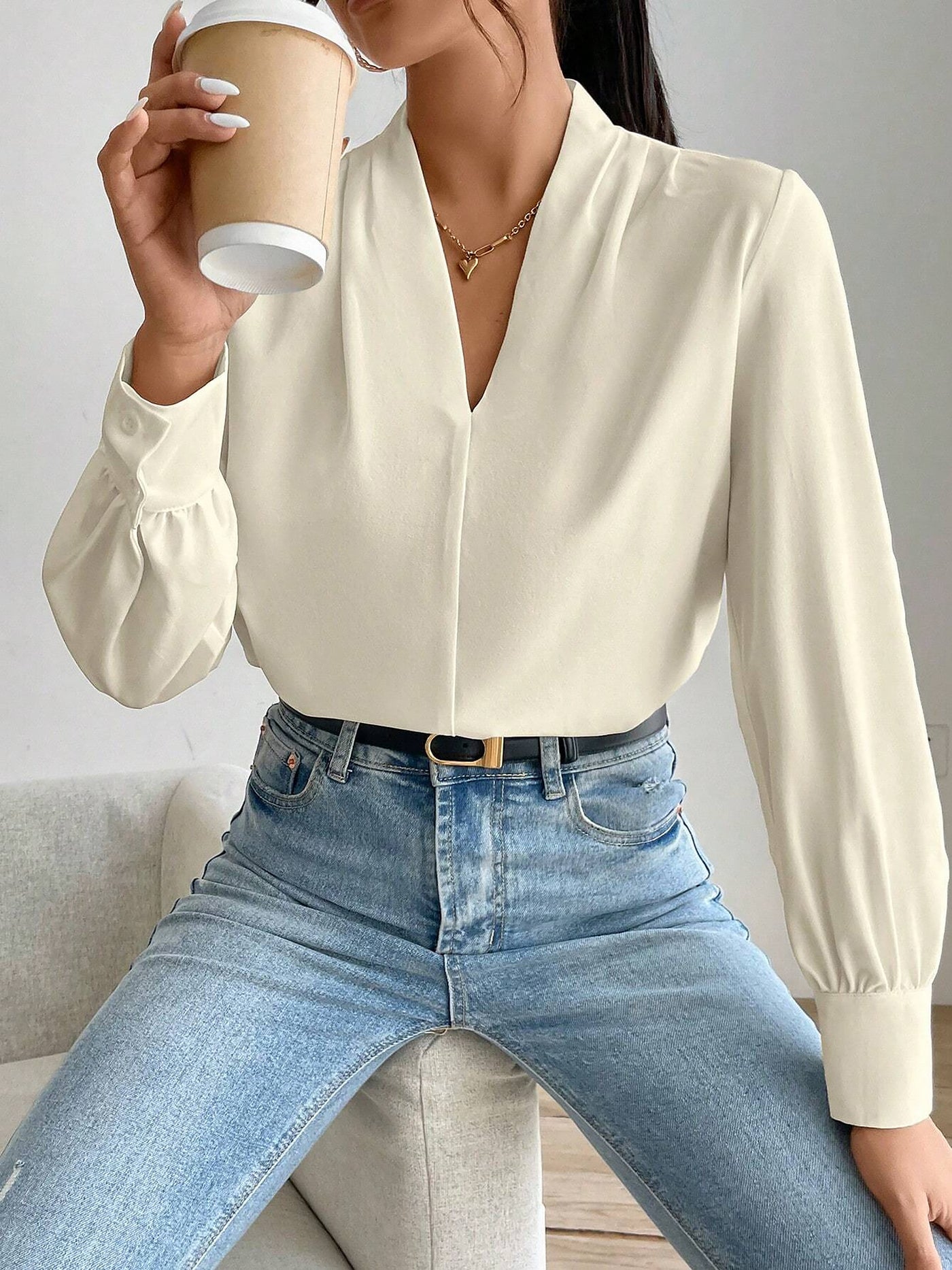 Allegra K V Neck Pleated Long Sleeves Solid Color Blouse