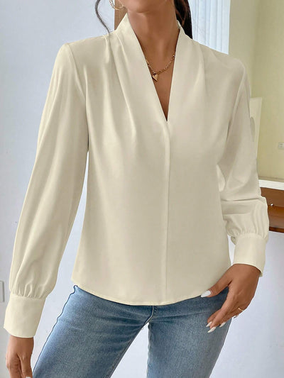 V Neck Pleated Long Sleeves Solid Color Blouse