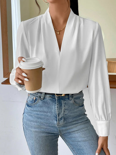 V Neck Pleated Long Sleeves Solid Color Blouse