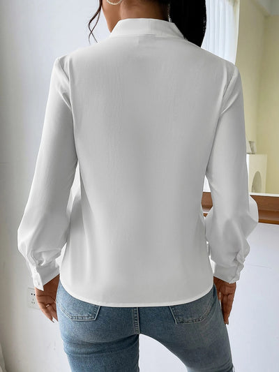 V Neck Pleated Long Sleeves Solid Color Blouse