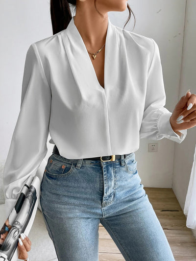 V Neck Pleated Long Sleeves Solid Color Blouse