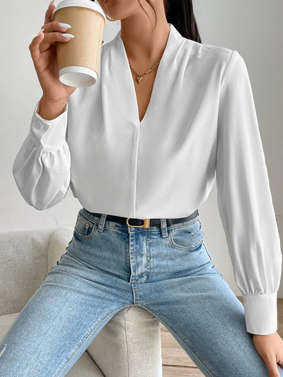 V Neck Pleated Long Sleeves Solid Color Blouse