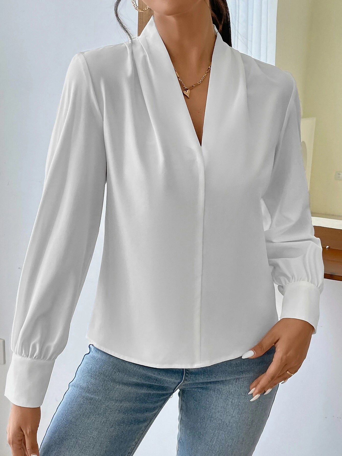 Allegra K V Neck Pleated Long Sleeves Solid Color Blouse