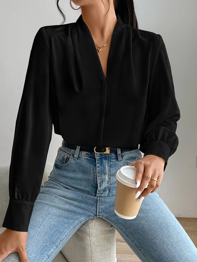 V Neck Pleated Long Sleeves Solid Color Blouse