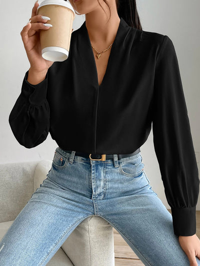 V Neck Pleated Long Sleeves Solid Color Blouse