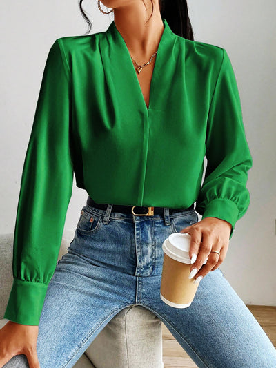 V Neck Pleated Long Sleeves Solid Color Blouse