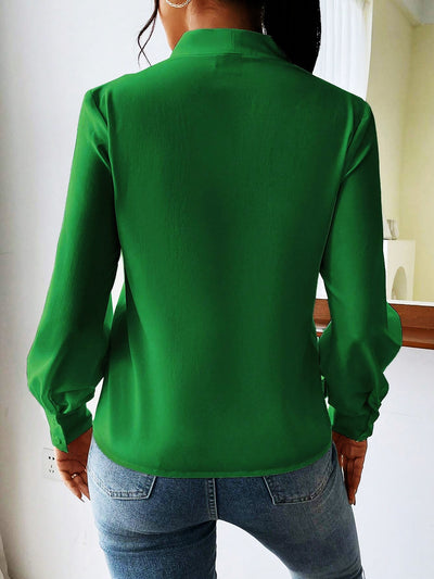 V Neck Pleated Long Sleeves Solid Color Blouse