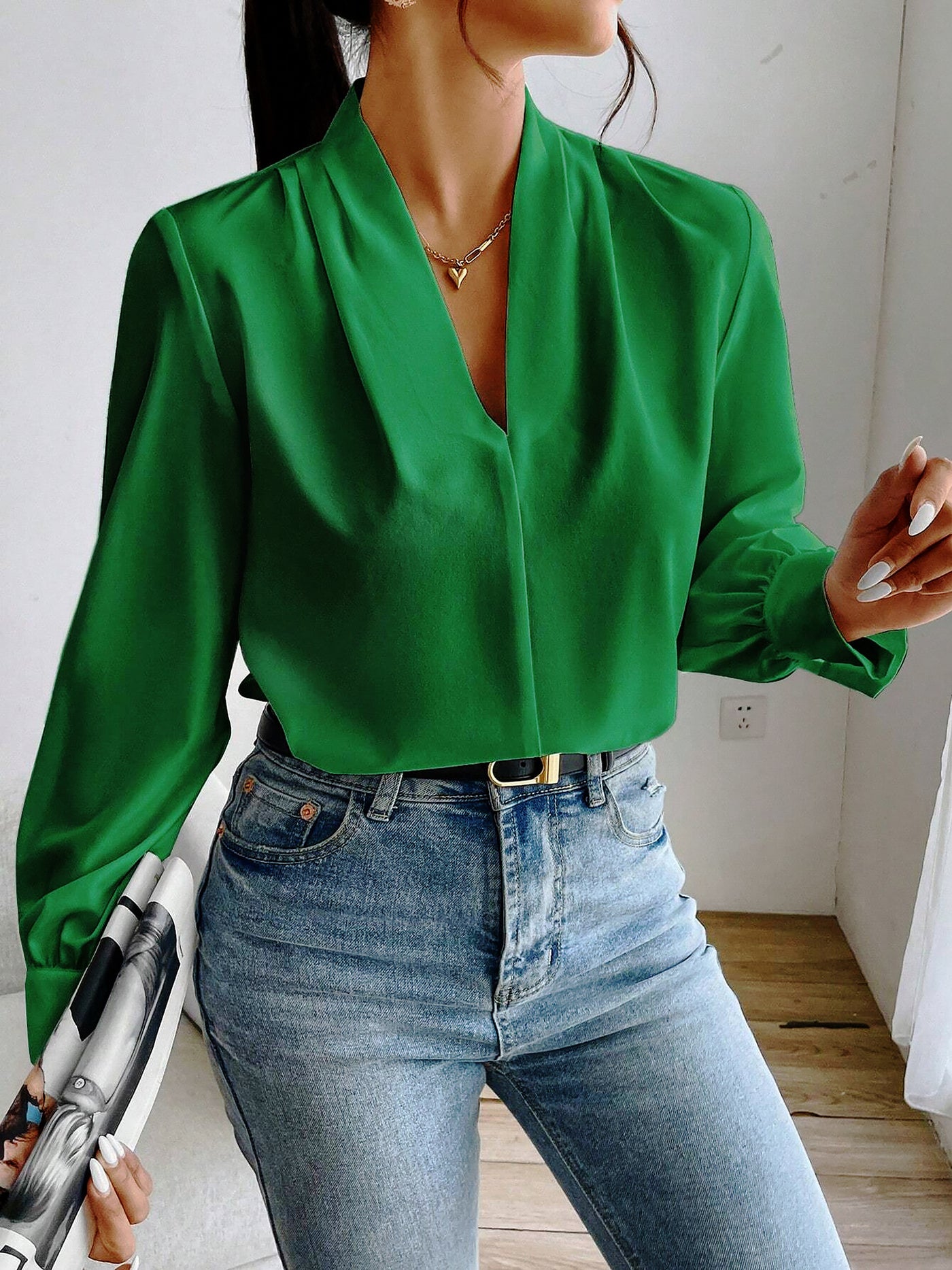 Allegra K V Neck Pleated Long Sleeves Solid Color Blouse