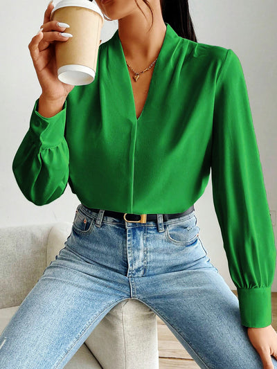 V Neck Pleated Long Sleeves Solid Color Blouse