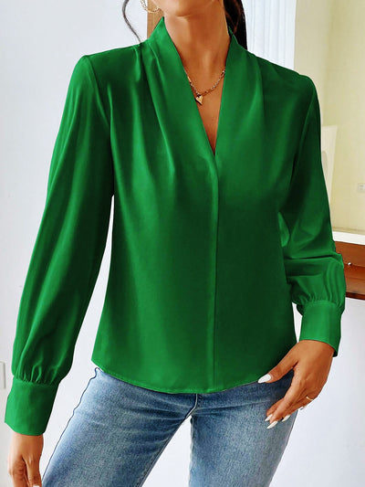 V Neck Pleated Long Sleeves Solid Color Blouse