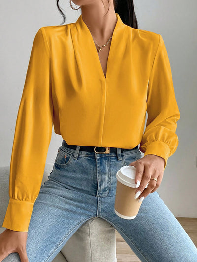 V Neck Pleated Long Sleeves Solid Color Blouse