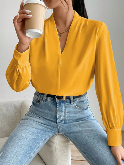 V Neck Pleated Long Sleeves Solid Color Blouse