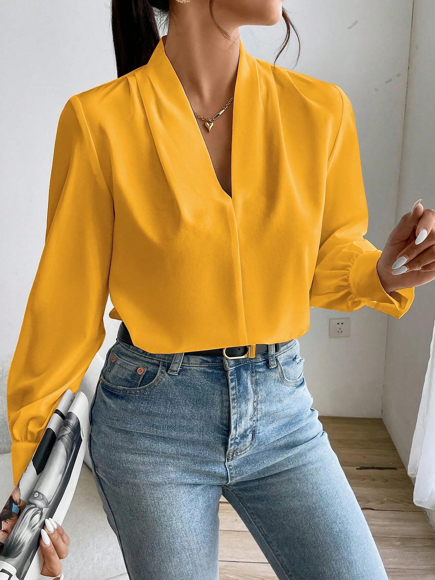 Allegra K V Neck Pleated Long Sleeves Solid Color Blouse