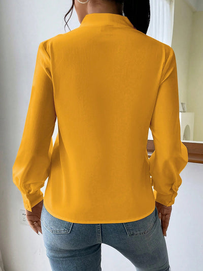 V Neck Pleated Long Sleeves Solid Color Blouse