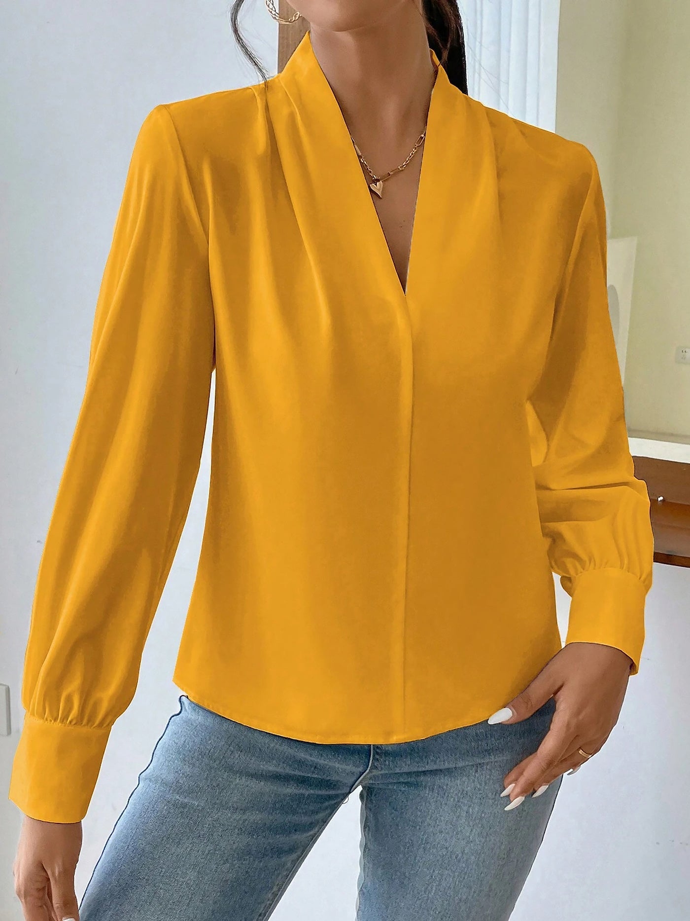 Allegra K V Neck Pleated Long Sleeves Solid Color Blouse