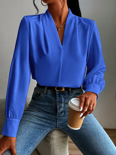 V Neck Pleated Long Sleeves Solid Color Blouse