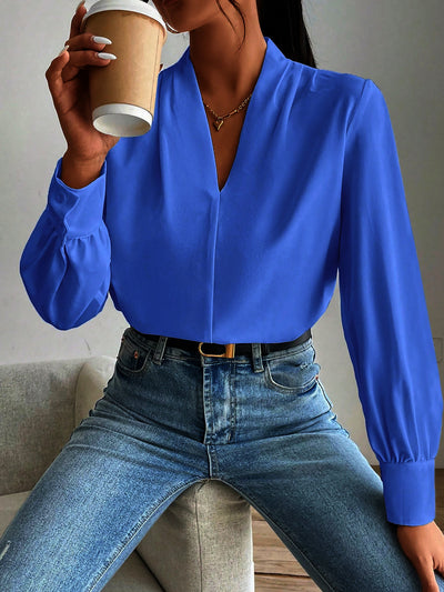 V Neck Pleated Long Sleeves Solid Color Blouse