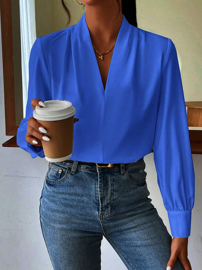 V Neck Pleated Long Sleeves Solid Color Blouse