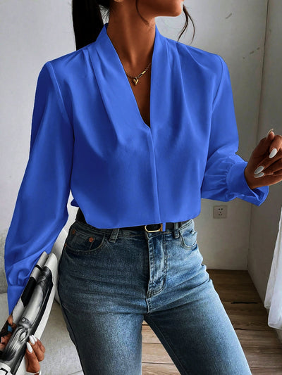 V Neck Pleated Long Sleeves Solid Color Blouse