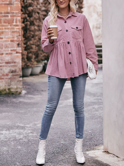 Corduroy Collared Button Down Babydoll Blouse