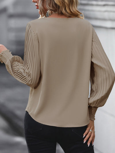 V Neck Pleated Smocked Long Sleeves Blouse