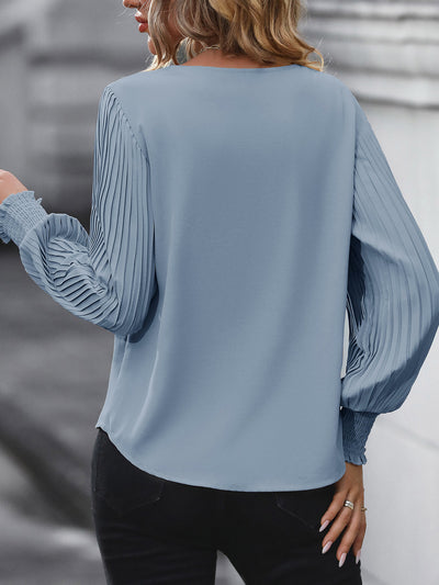 V Neck Pleated Smocked Long Sleeves Blouse