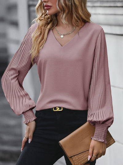 V Neck Pleated Smocked Long Sleeves Blouse