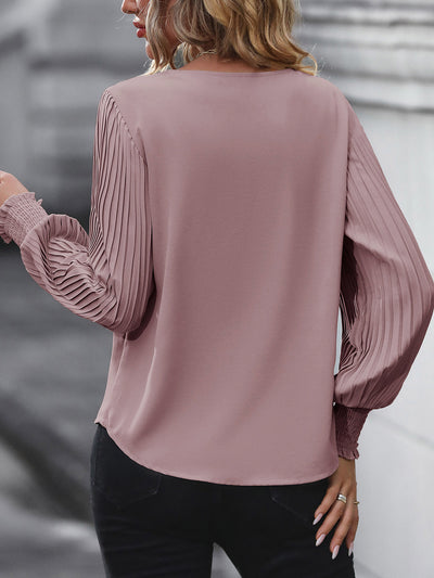 V Neck Pleated Smocked Long Sleeves Blouse