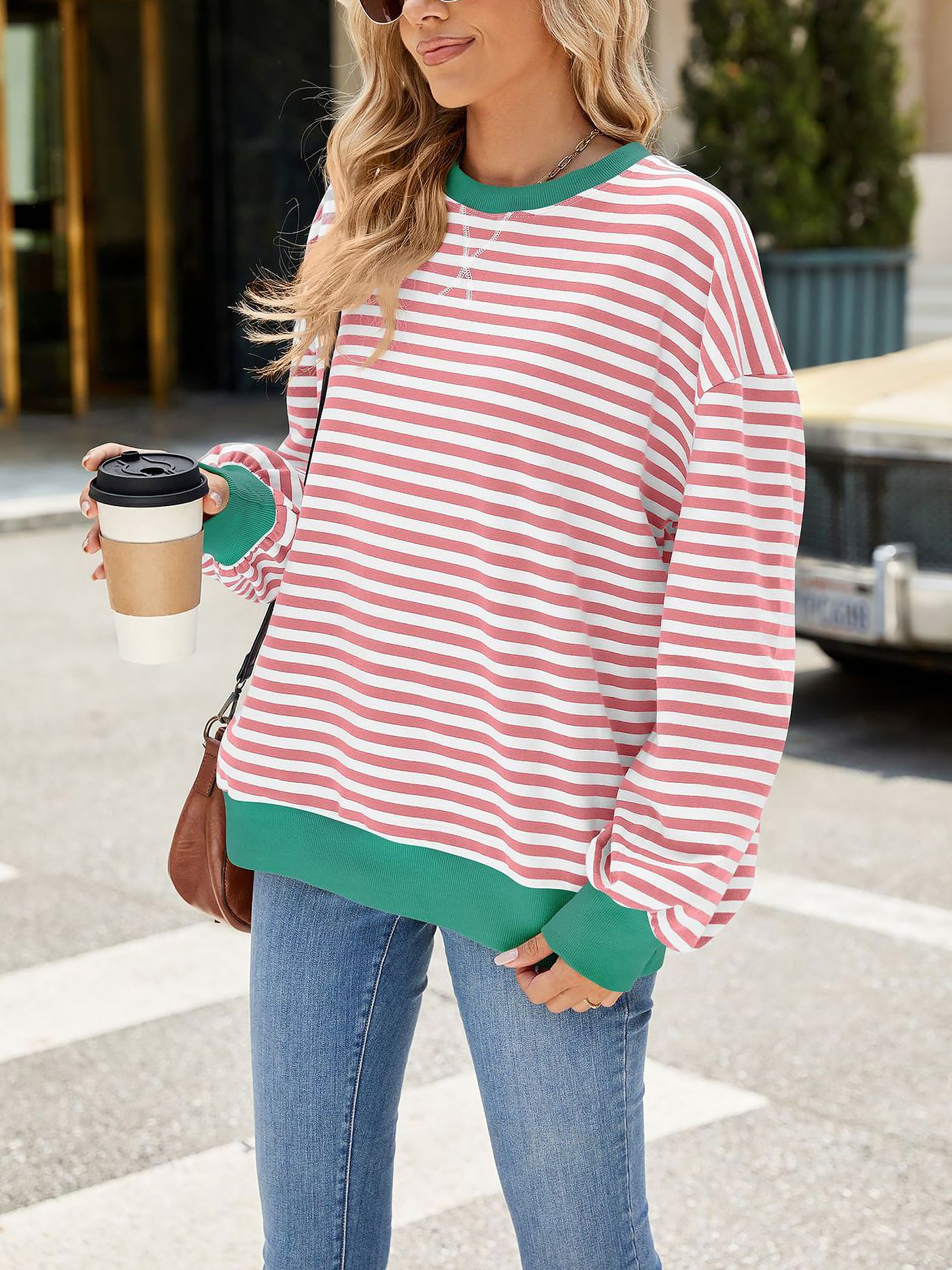 Allegra K Colorblock Striped Round Neck Long Sleeves Sweatshirt